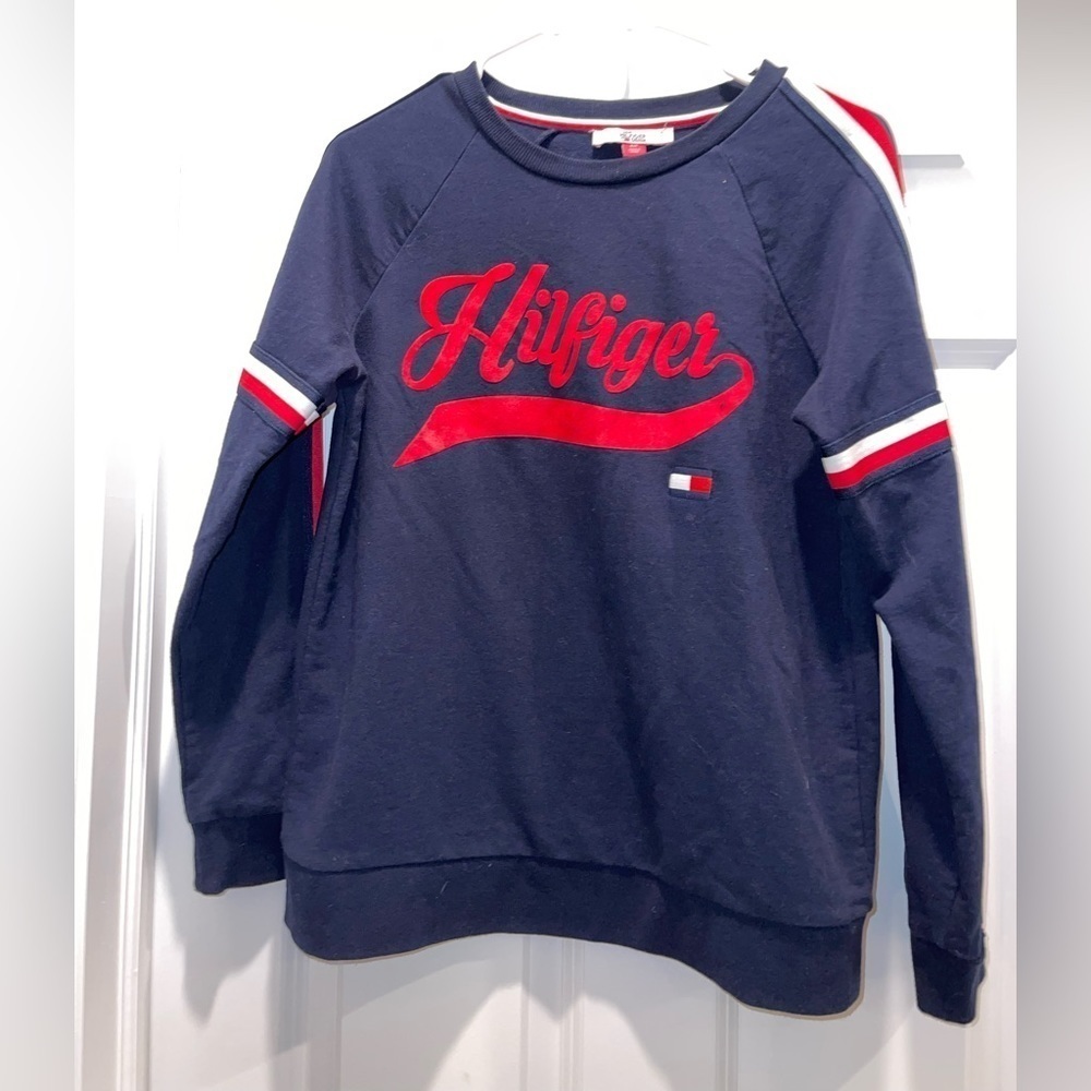 Tommy Hilfiger Logo Blue Sweatshirt With Stripe Detail Size S